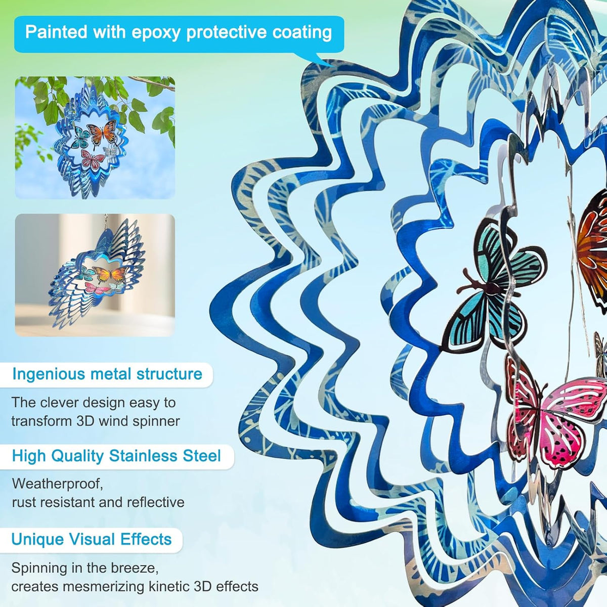 Goolyrusim Wind Spinner Outdoor, Butterfly Wind Spinner, 12in Laser Cut Stainless Steel Hanging