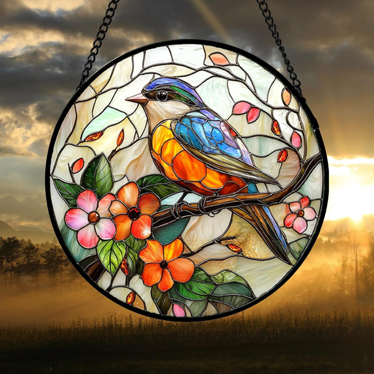 Stained Glass Window Hanging, Blue Bird Pink Flower Suncatcher Diamond Glass Panel Bird Sun