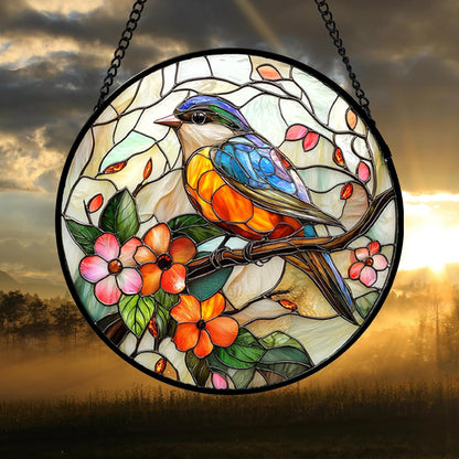 Stained Glass Window Hanging, Blue Bird Pink Flower Suncatcher Diamond Glass Panel Bird Sun