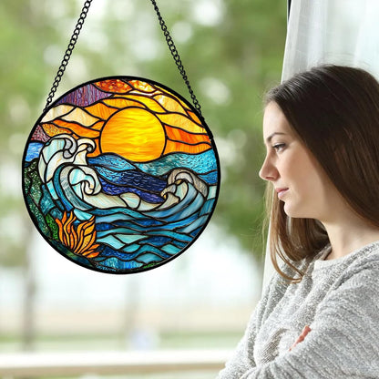 Stained Glass Window Hanging, Orange Sun Blue Sea Waves Landscape Suncatcher for Doors Window Home