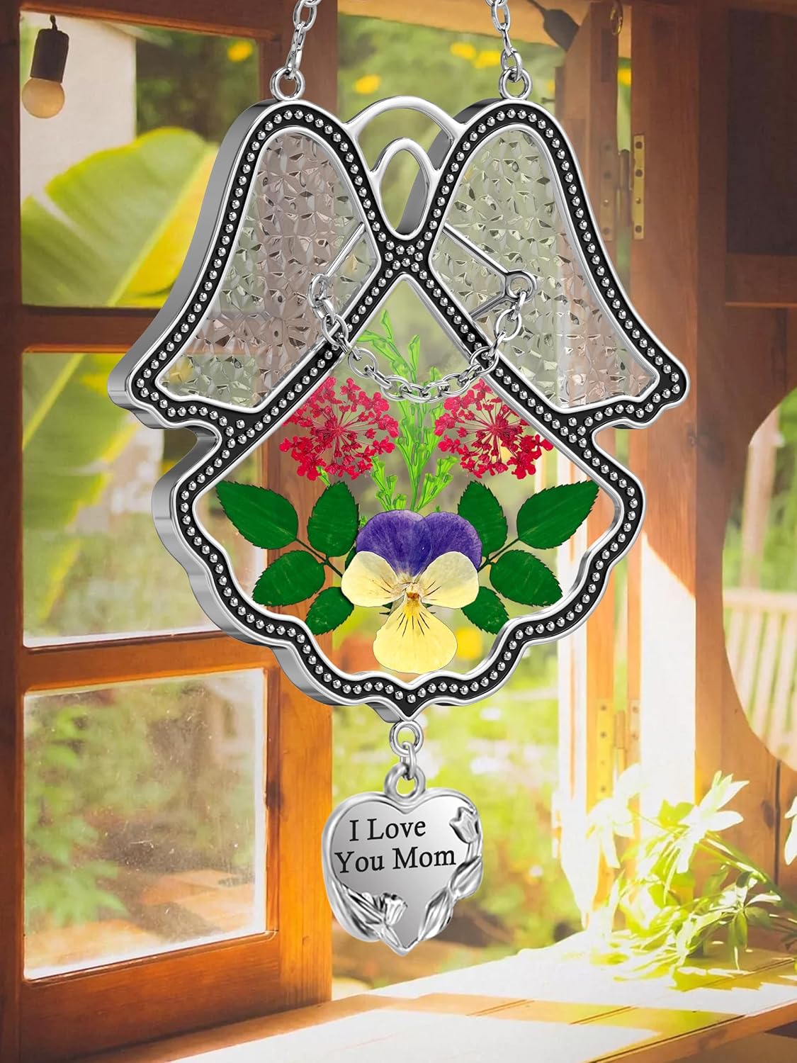 KY&BOSAM Angel Suncatcher I Love You Mom Stained Glass Panels for Windows Wind Chime with Pressed