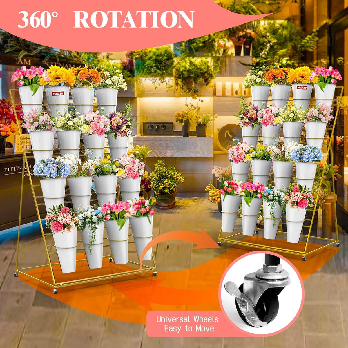 Flower Display Stand with Buckets, 4 Layers 16 PCS Buckets Plant Stand with Wheels, Movable Metal