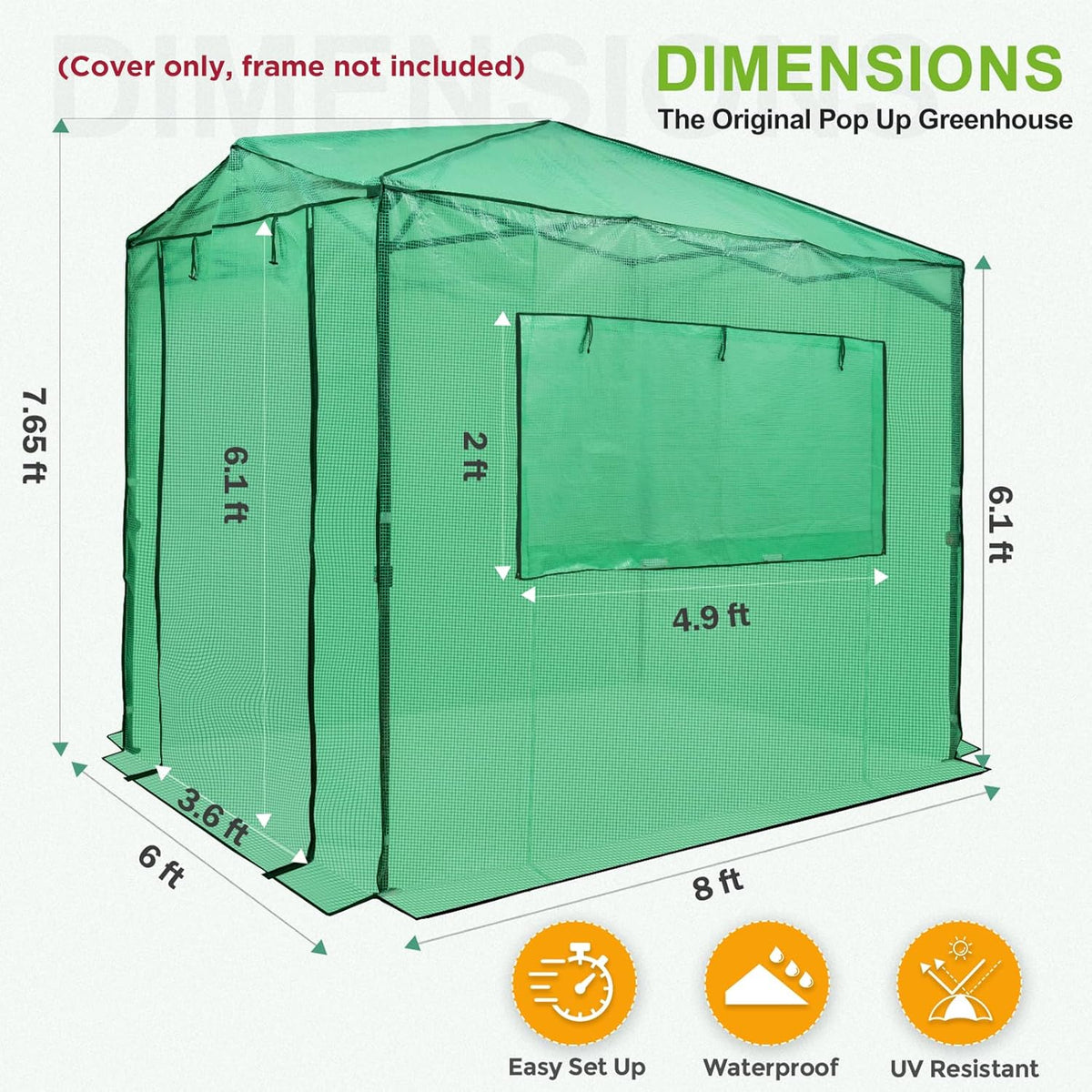 EAGLE PEAK Replacement Cover for 8x6 Portable Pop up Greenhouse, Dual Roll-up Zipper PE Door &