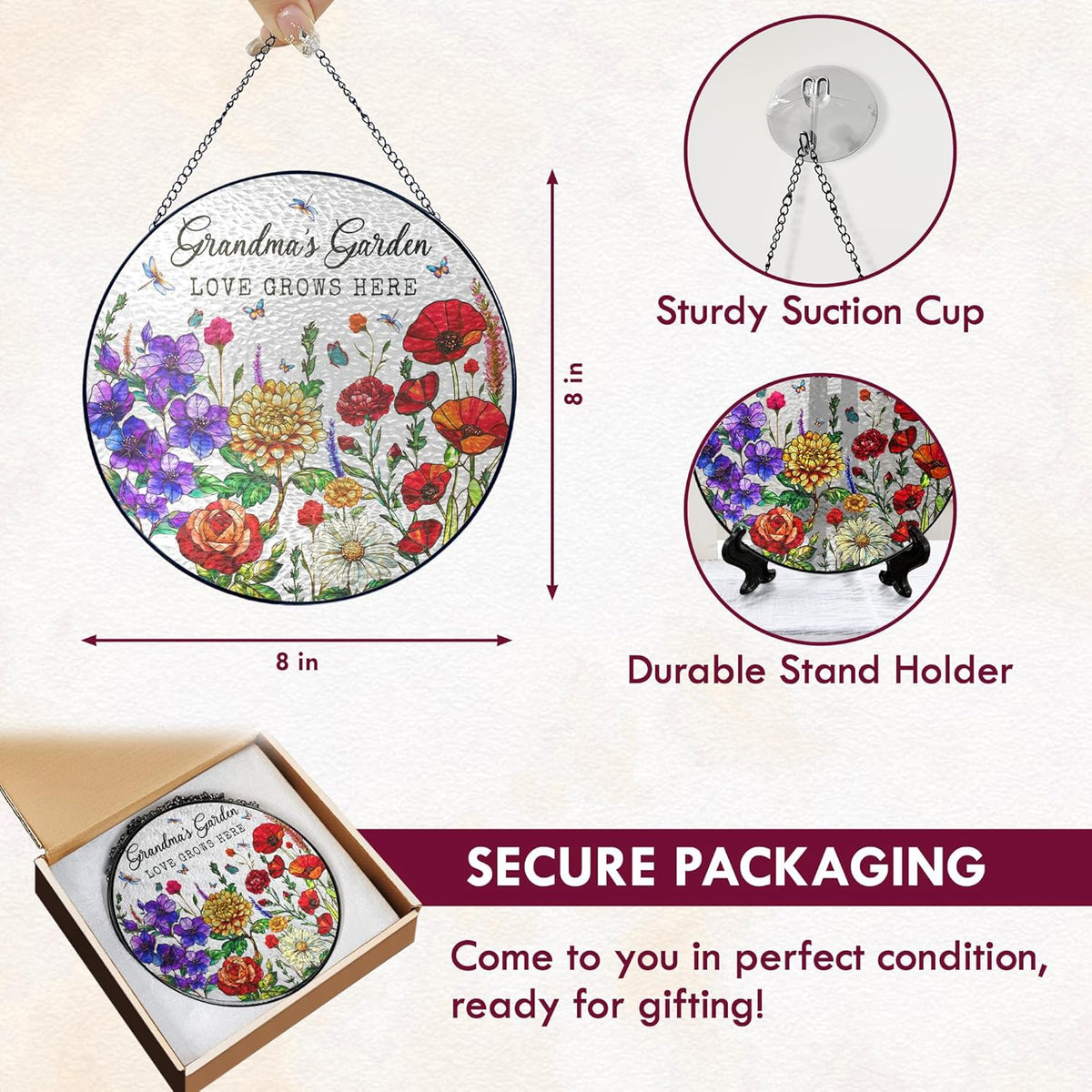 FLAGWIX Christmas Grandma Gifts - Grandmas Garden Stained Glass Window Hanging with Base 8 in