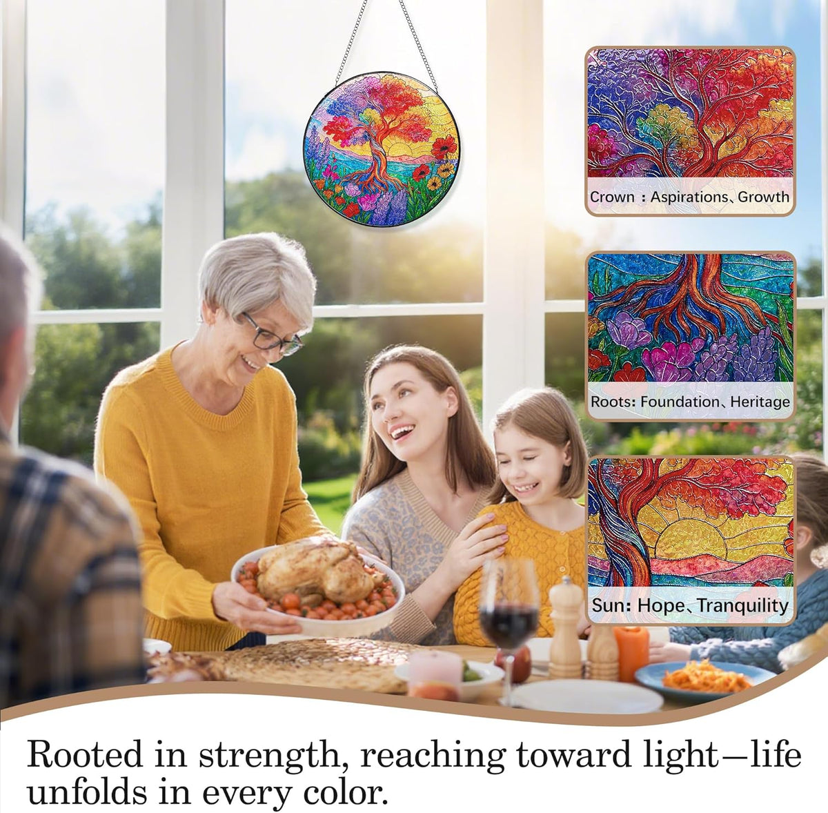 Stained Glass Window Hanging, Tree of Life Sun Catchers Stained Glass Panels for Indoor Windows