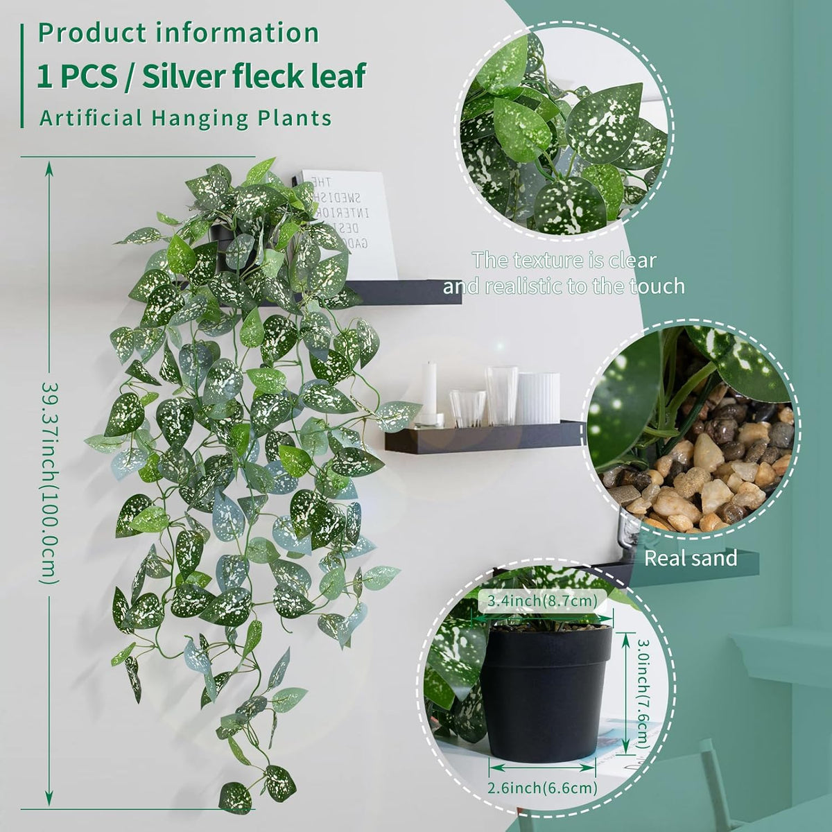 LOYWREE 39-in Long Fake Hanging Plant with Pot Faux Pothos Artificial Potted Plants Small Faux Ivy