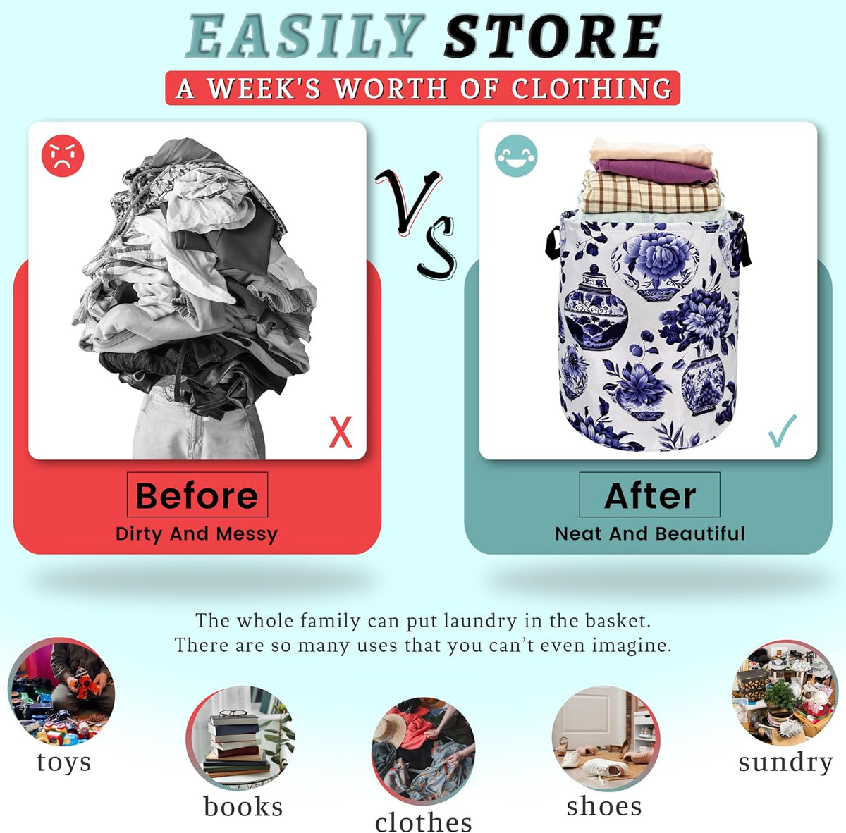 Blue White Floral Laundry Basket Foldable With Handles Vase Flower Tote Bag Oxford Cloth Color