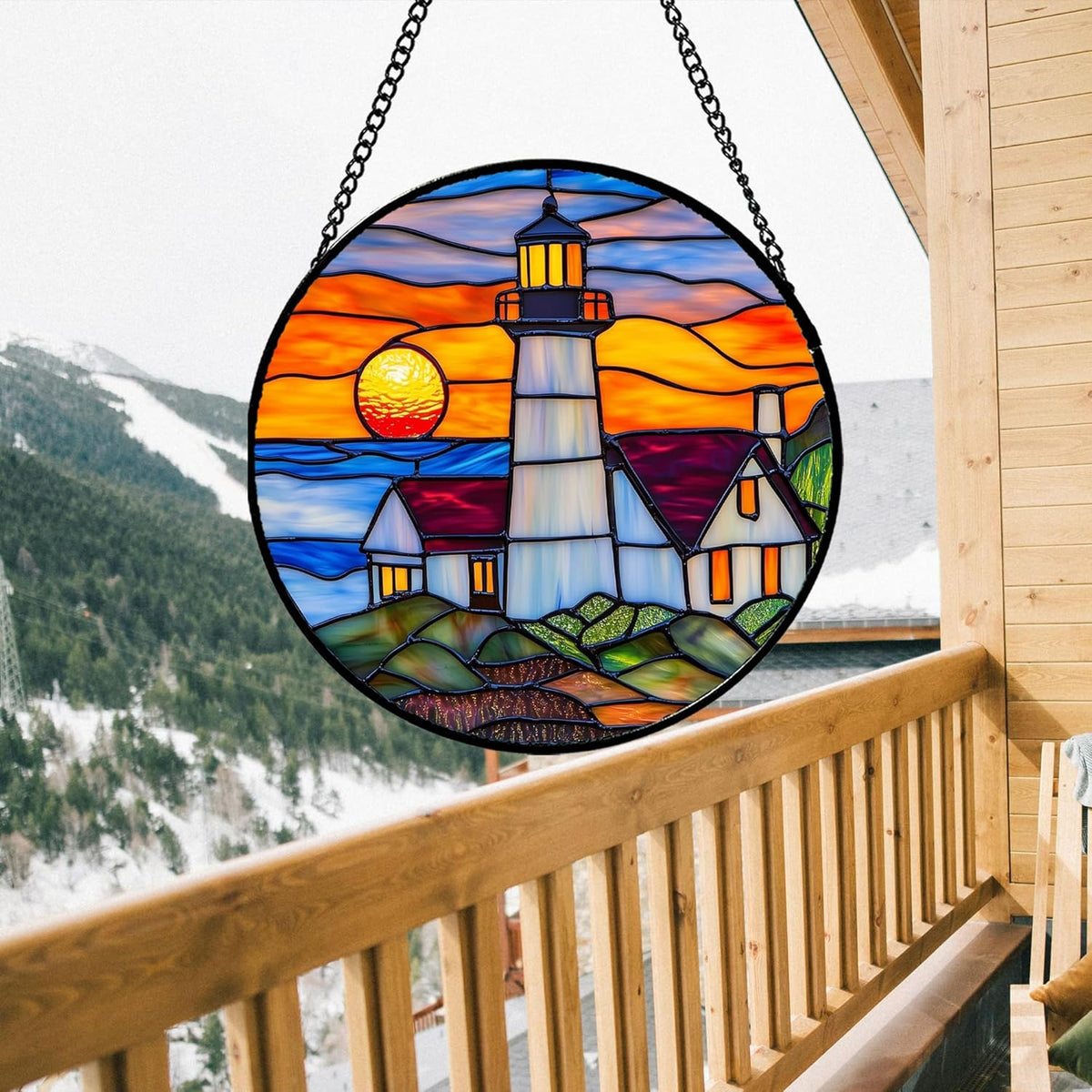Stained Glass Window Hanging - Sea Lighthouse Suncatcher for Door Terrace Garden Home Decor Sunset
