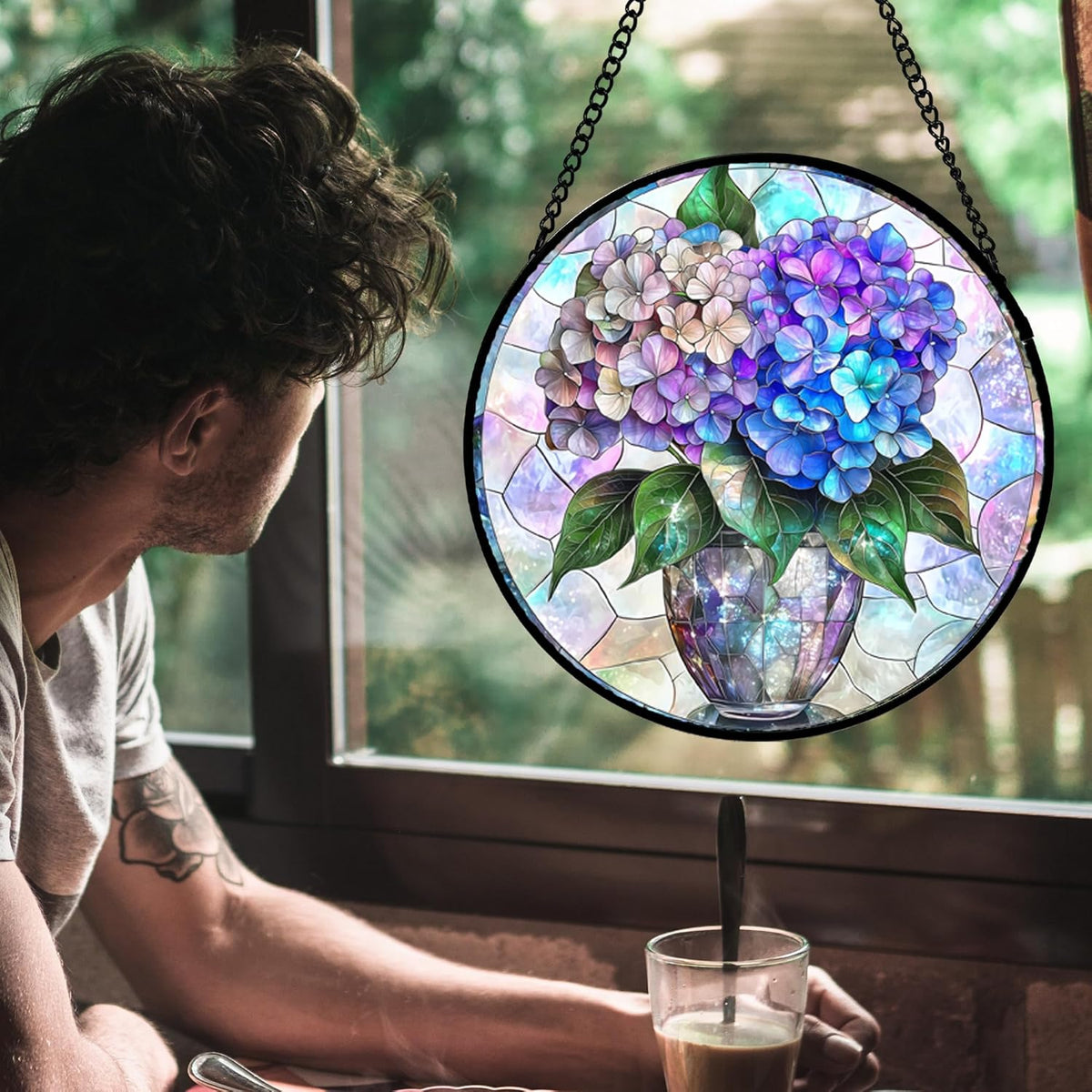 Stained Glass Window Hanging, Blue Purple Hydrangea Flowerpot Suncatcher for Doors Home Sun