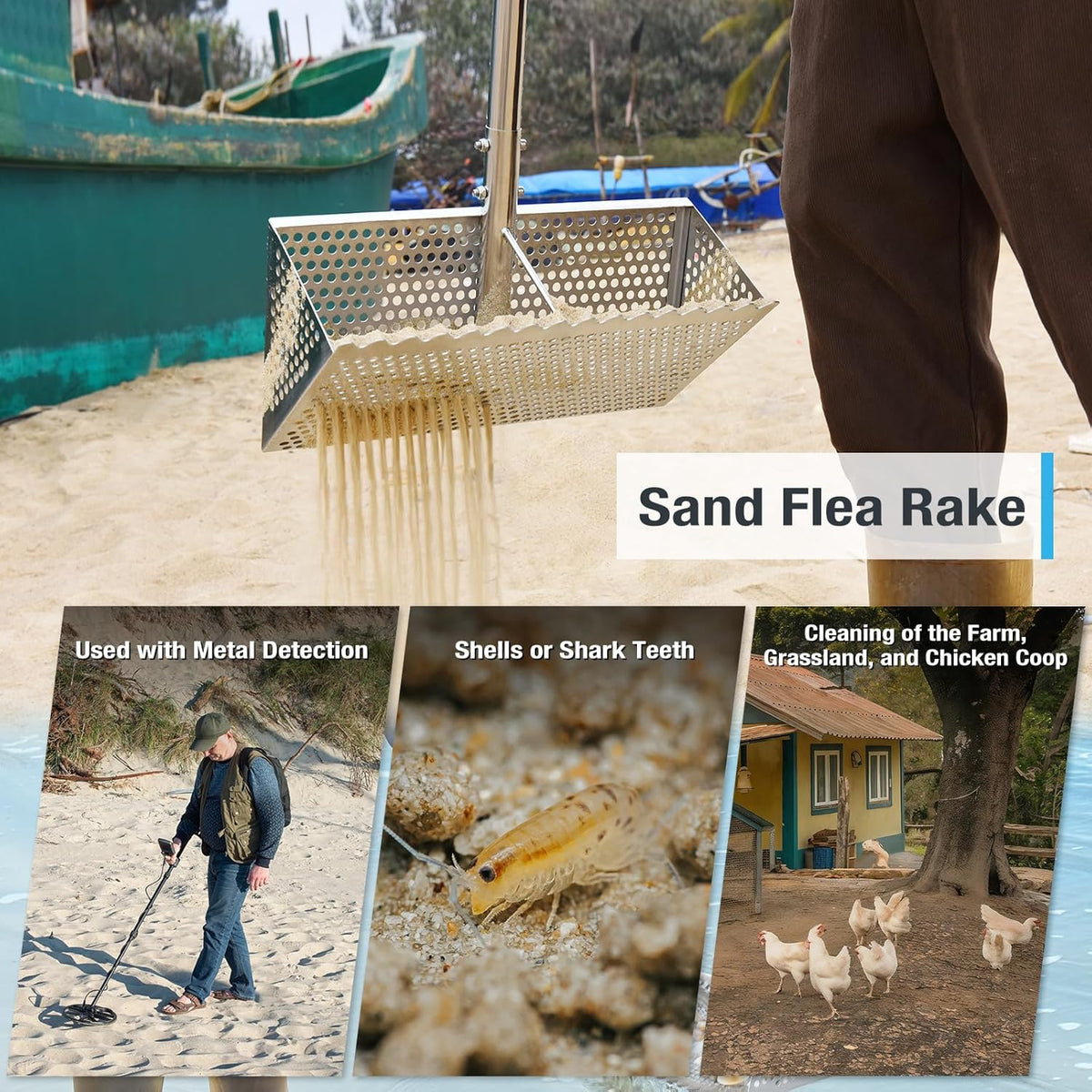 Sand Flea Rake, Long Handle Sand Sifter for The Beach, Stainless Steel Shark Tooth Sifter Comes