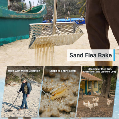 Sand Flea Rake, Long Handle Sand Sifter for The Beach, Stainless Steel Shark Tooth Sifter Comes