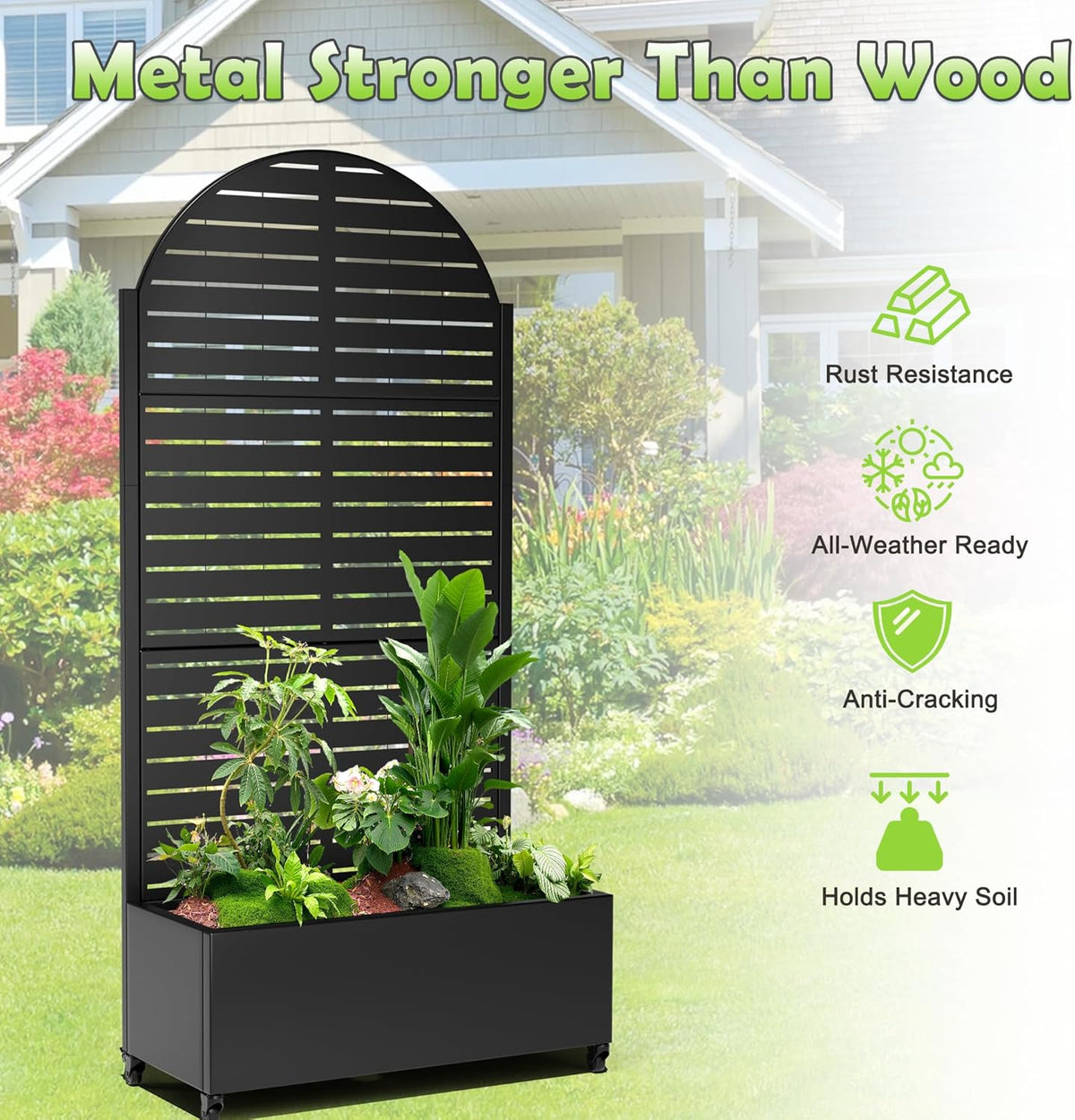 15.7"×70.9"×35.4" Metal Raised Garden Bed with Trellis and Wheels - Tall Trellis Planter Box for