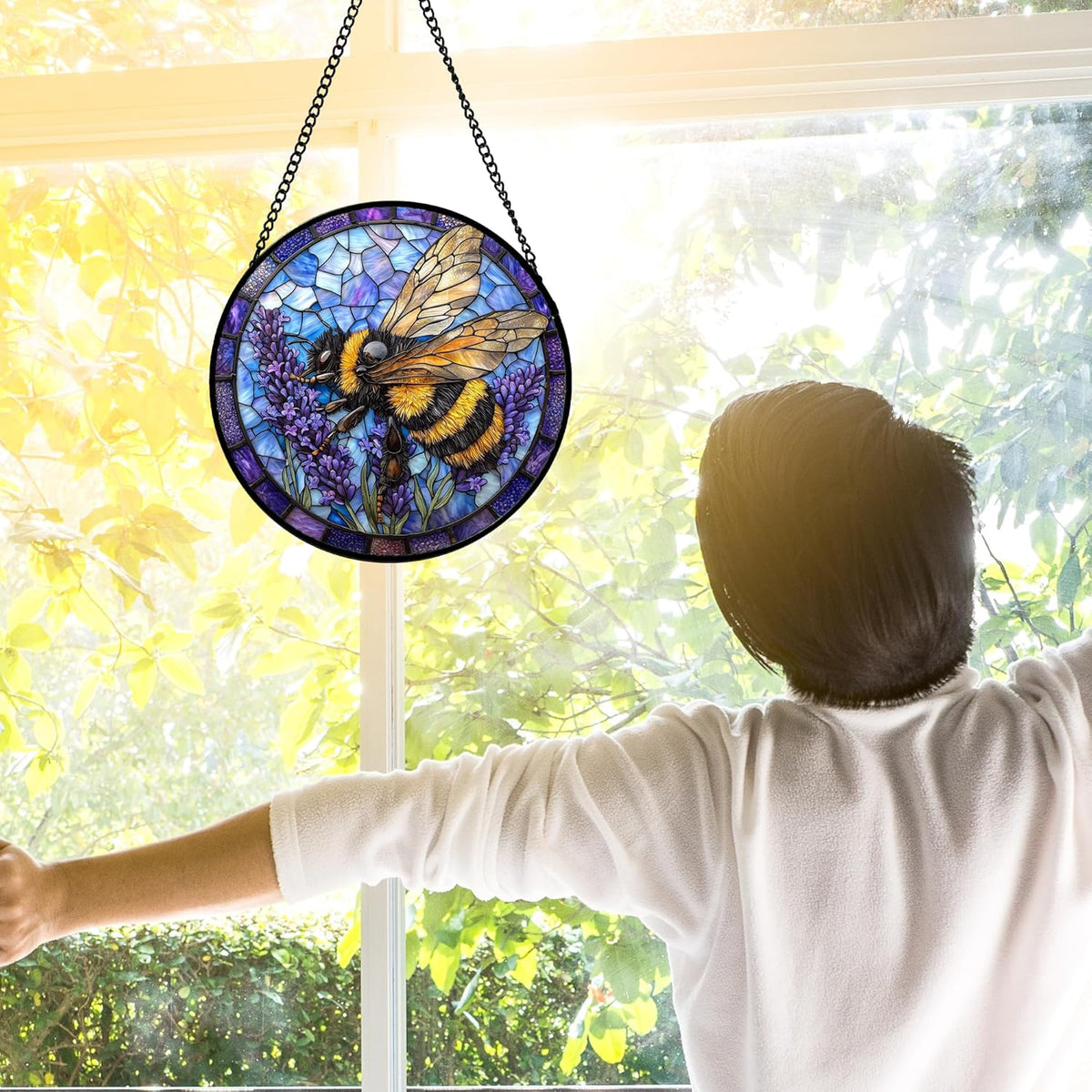 Stained Glass Window Hanging, Bee Lavender Sun Catchers Diamond Glass Panel Hangings Insect