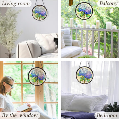 kdqua Hydrangea Flower Suncatcher Stained Glass Window Hanging, Blue Hydrangea Sun Catchers Indoor