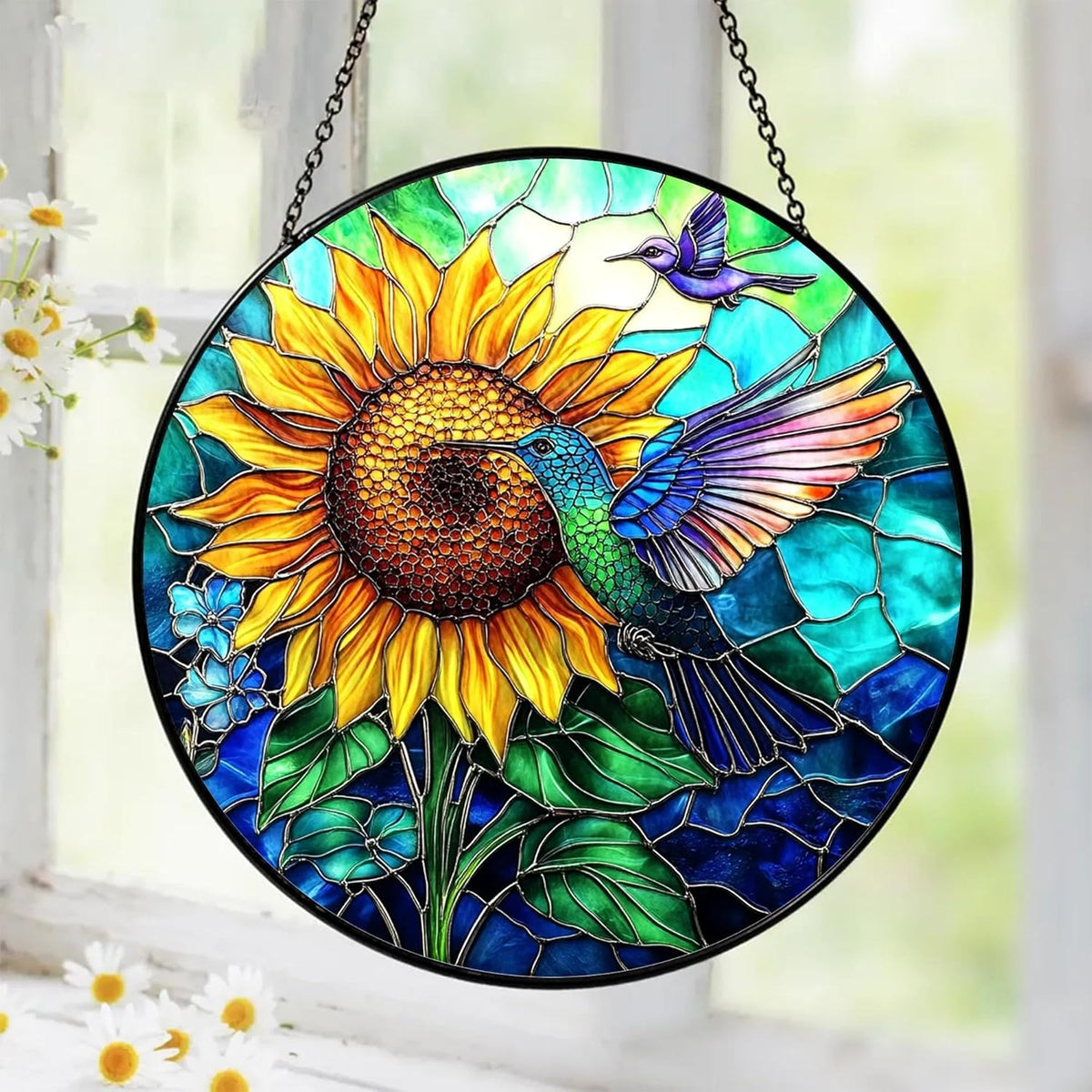 Hummingbird Stained Glass Suncatcher – Sunflower Window Decor, Memorial Hanging Ornament, Bird