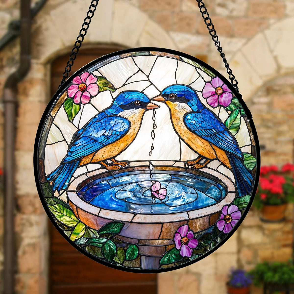 Stained Glass Window Hanging, 2 Blue Birds Suncatcher Diamond Glass Panel Hangings Bird Lover Sun