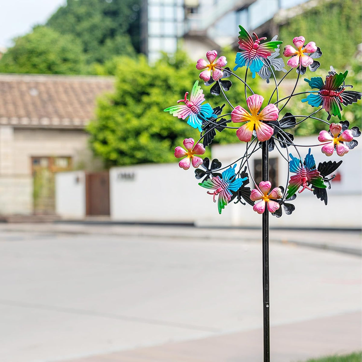 38" Double Blade Butterfly Wind Spinners Outdoor, Colorful Butterflies Kinetic Outdoor Decor for
