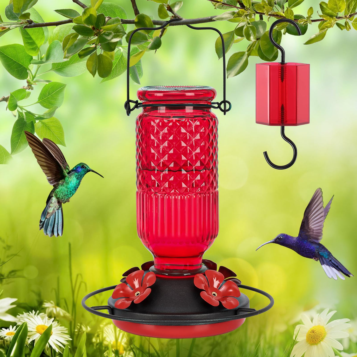 FEED GARDEN Glass Hummingbird Feeder for Outdoors Hanging, 16 oz Leak-Proof Nectar Feeder with Bee