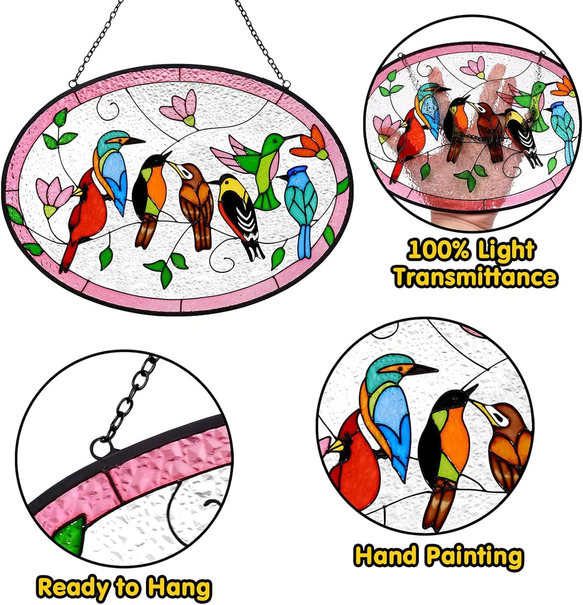 Huray Rayho Birds On A Branch Stained Glass Ornament, 9.5''x6.7'' Cardinal Hummingbird Suncatcher