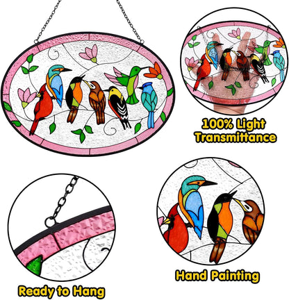 Huray Rayho Birds On A Branch Stained Glass Ornament, 9.5''x6.7'' Cardinal Hummingbird Suncatcher