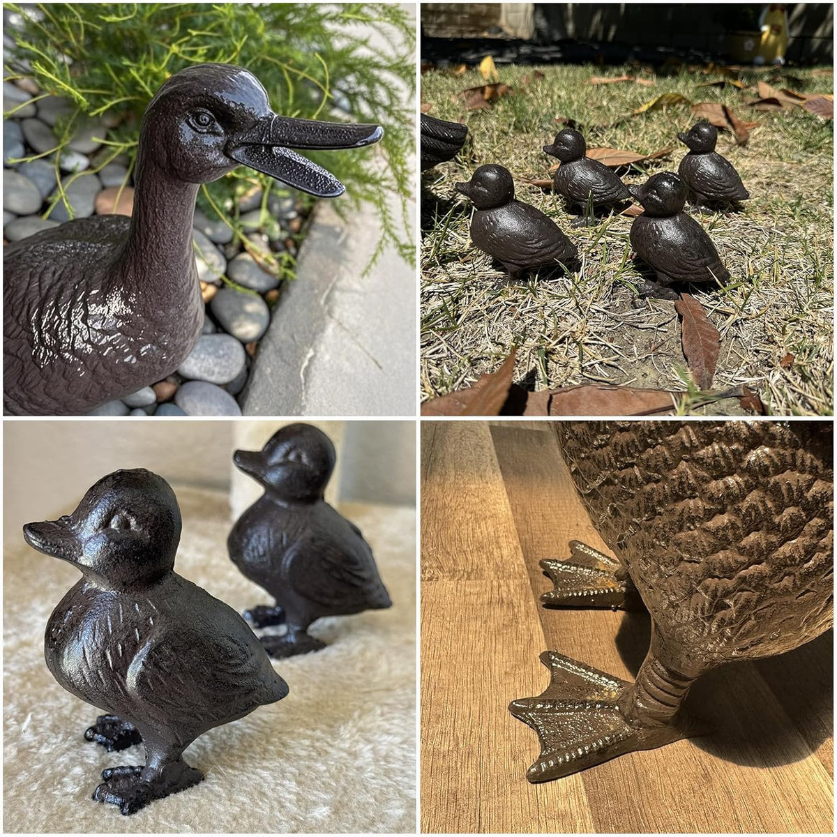 Vintage Cast Iron Duck Family Garden Statue, Rust Brown Mother Duck（15.7" Tall） with 4