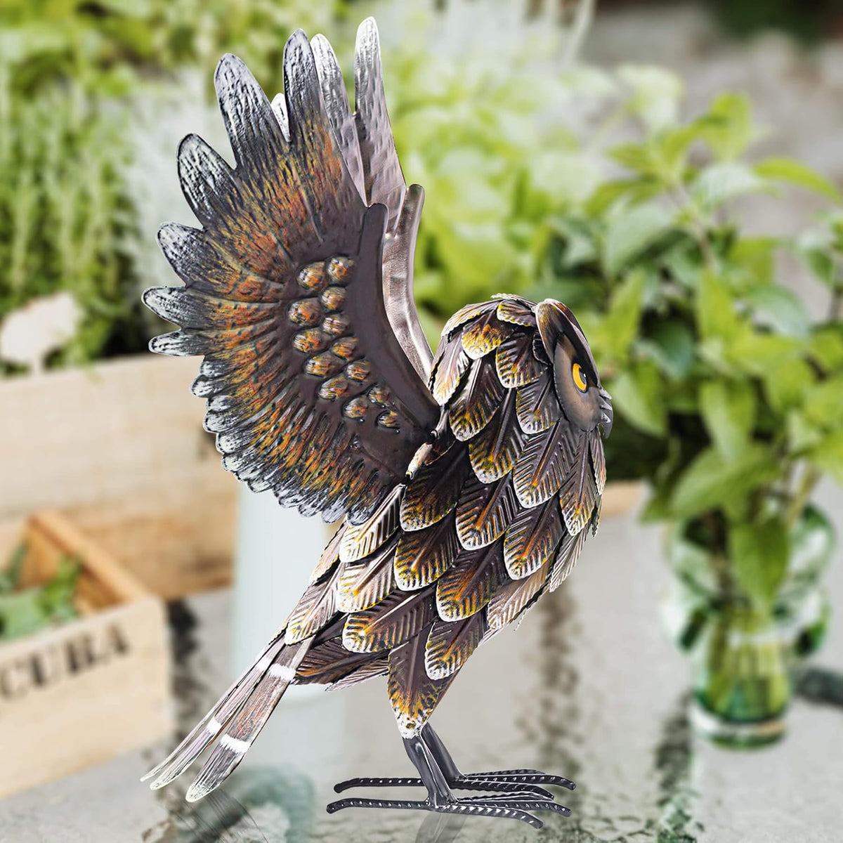 Natelf Garden Owl Sculptures & Statues, Standing Metal Bird Yard Art Sculpture for Patio Backyard
