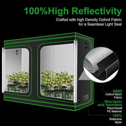 MELONFARM 4x8 Grow Tent, 96"x48"x80" High Reflective 600D Diamond Mylar Canvas with Observation