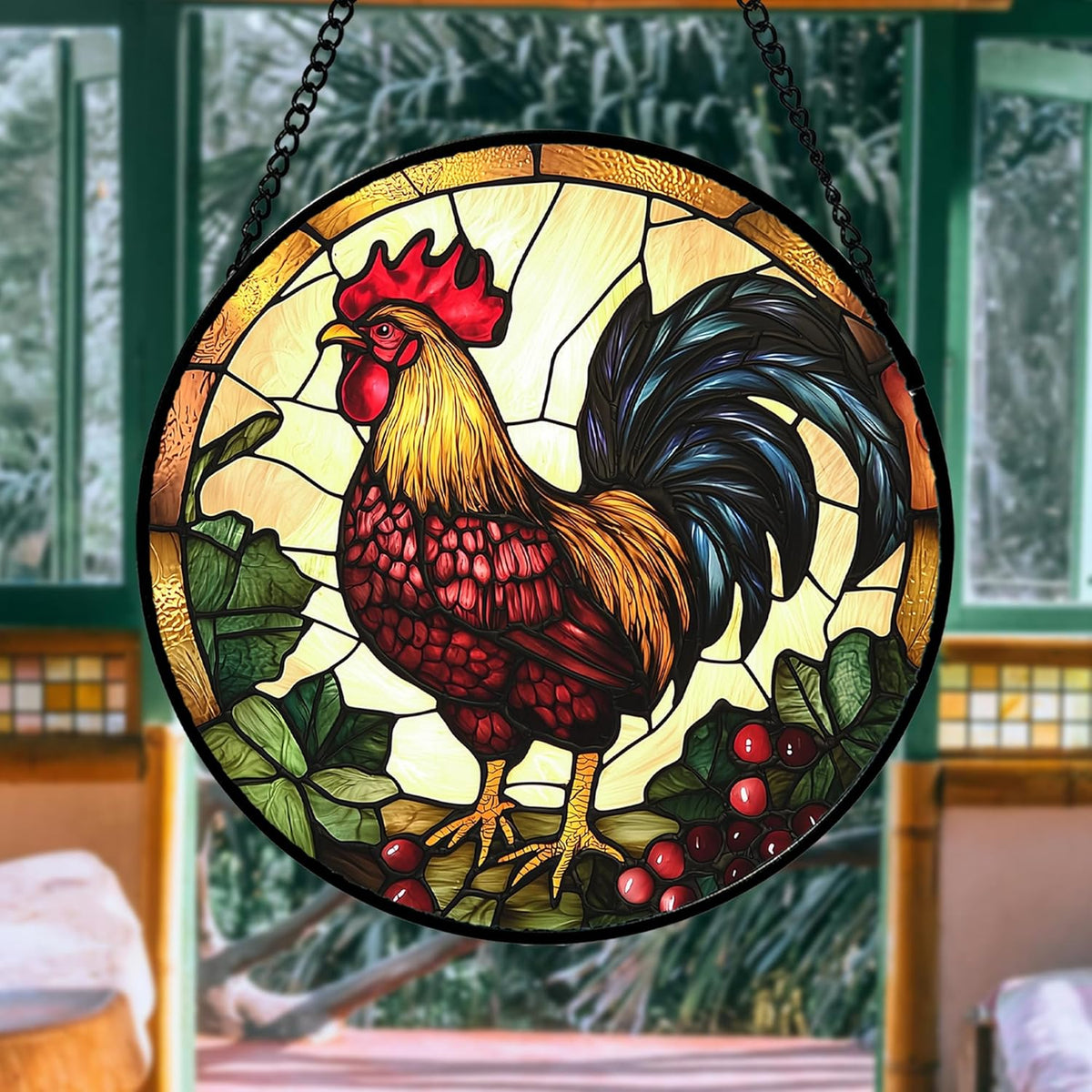 Stained Glass Window Hanging, Colorful Big Cock Sun Catcher for Window Door Home Decor, Chicken