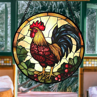 Stained Glass Window Hanging, Colorful Big Cock Sun Catcher for Window Door Home Decor, Chicken