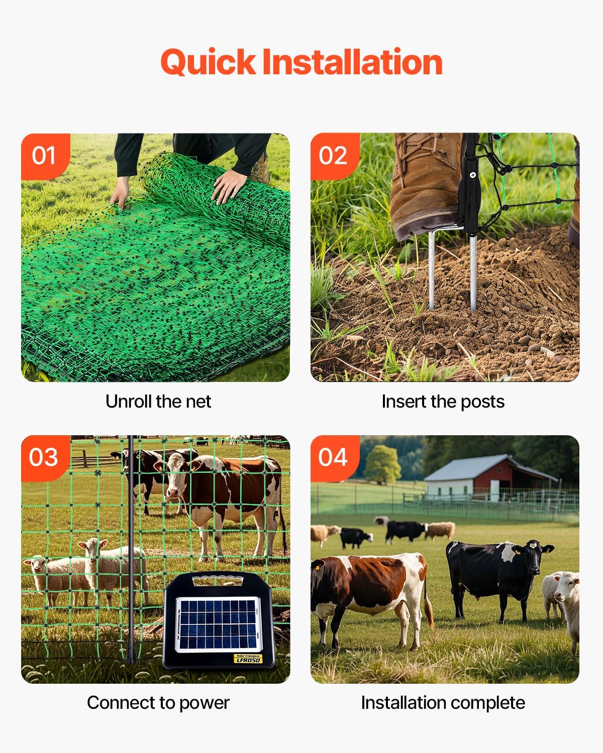 VEVOR Electric Fence Netting, 50" H x 164' L, Livestock Net Fencing with Posts & Stakes, Portable