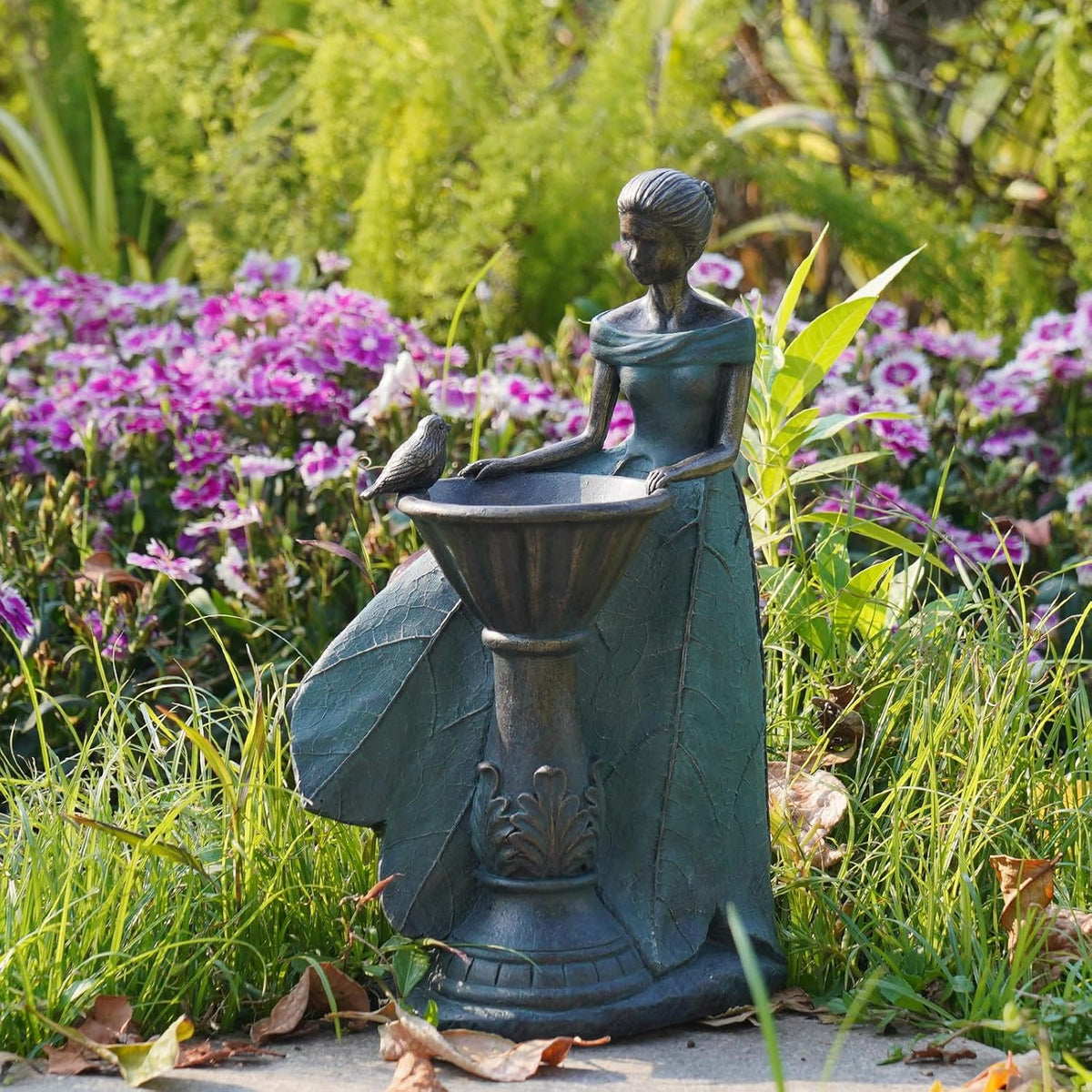 DiliComing Fairy Outdoor-Statues Garden-Decor with Solar - 12 Inch Resin Leaf Girls Birdbath