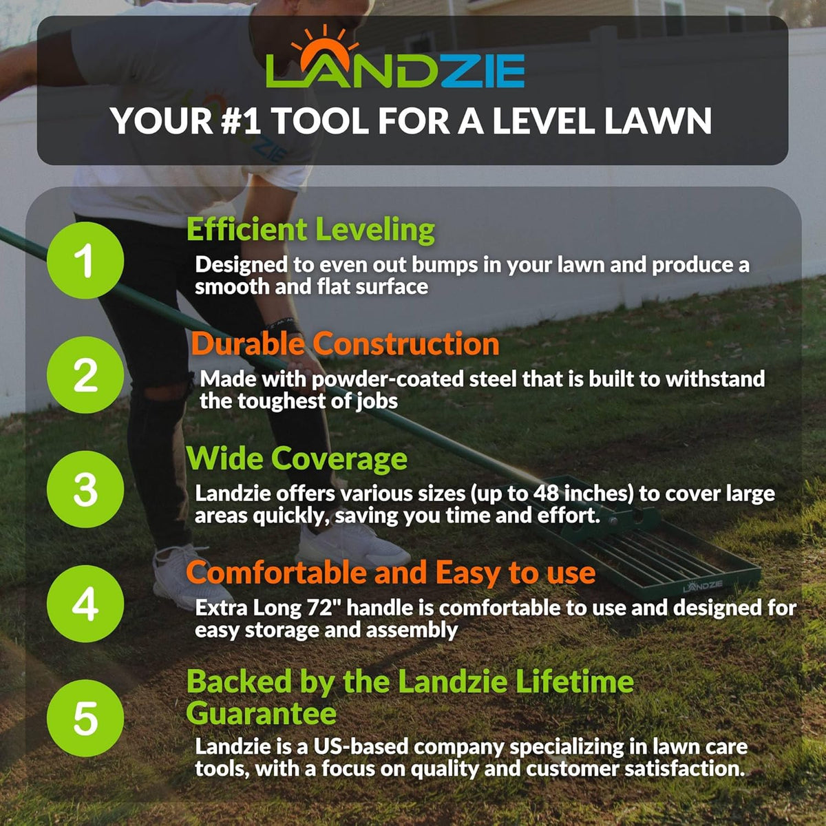 LANDZIE - The Original Lawn Leveling Rake – 36" Steel Handle Yard Leveler, Lawn Level Tool for