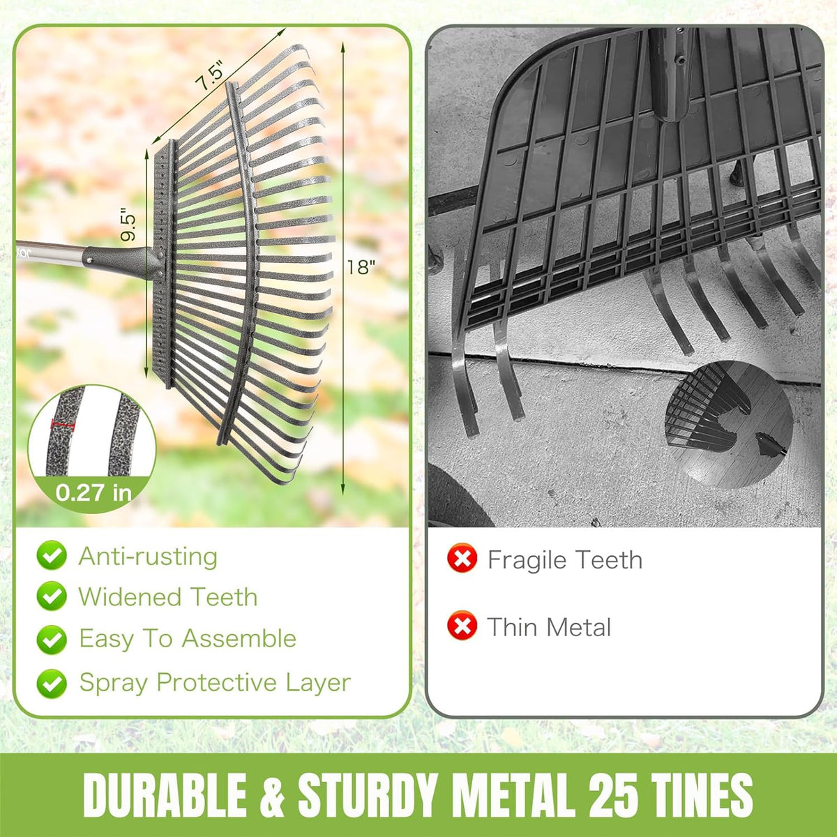 JOYHALO 65 Inch Rake for Leaves, 25 Tines Metal Leaf Rake Set with 32 Gallon Leaf Bags Scoops