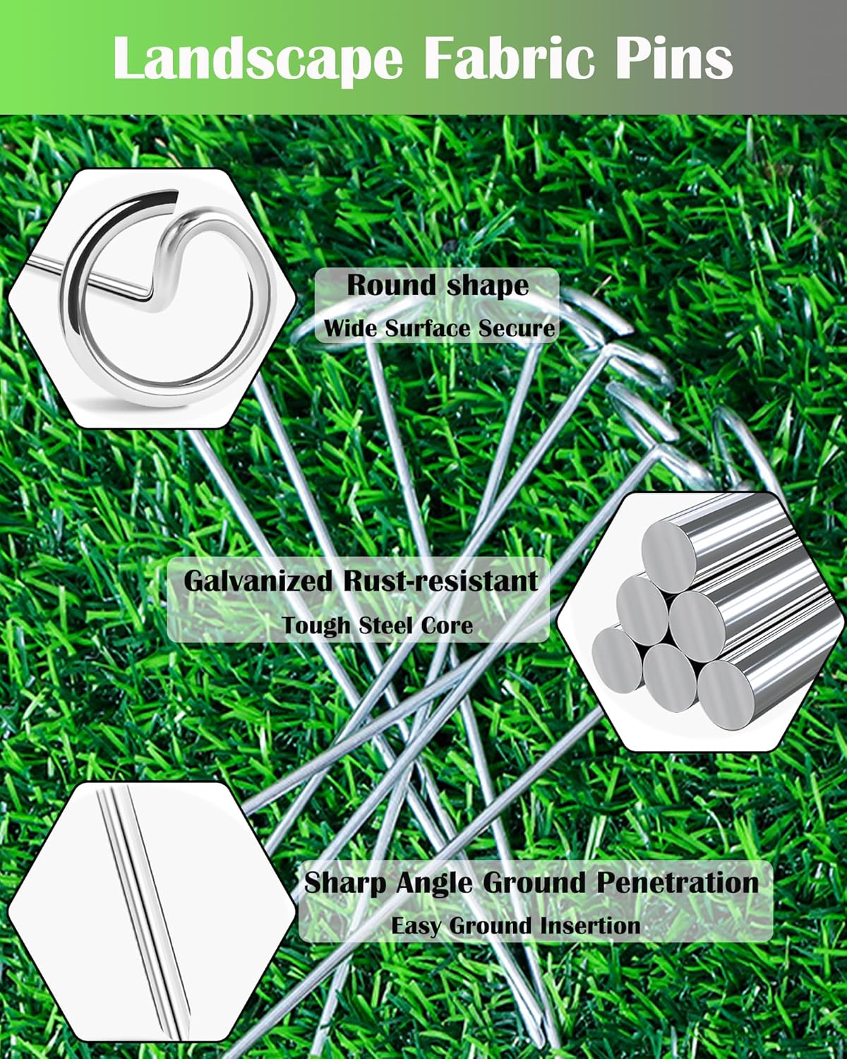 130 PCS Landscape Fabric Pins + Pick Hook, 6-Inch Galvanized Circle Top Landscape Staples - Steel