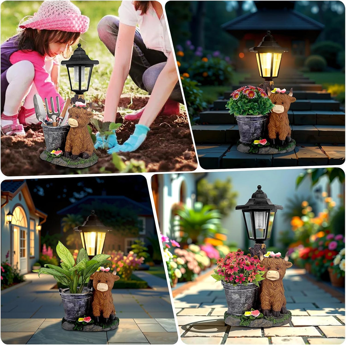 Solar Highland Cow Outdoor Statues, Garden Sculptures with Flowerpot Decor & Solar Lantern for Yard