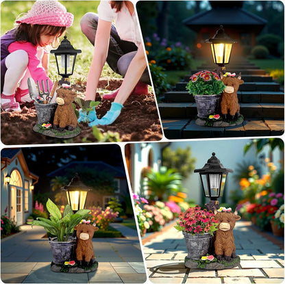 Solar Highland Cow Outdoor Statues, Garden Sculptures with Flowerpot Decor & Solar Lantern for Yard