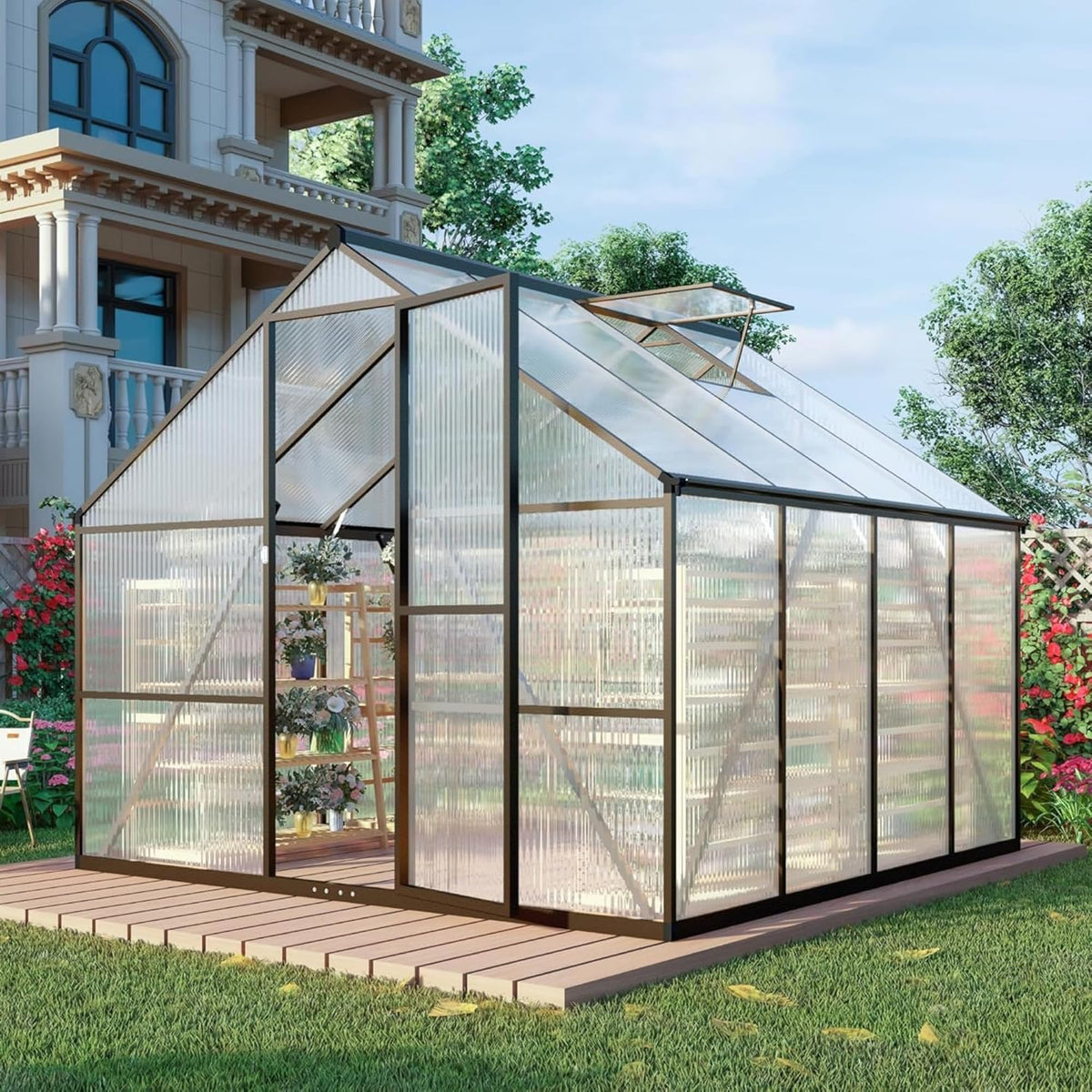 8x8 FT Greenhouse for Outdoors, Polycarbonate Greenhouse with Quick Setup Structure and Roof Vent
