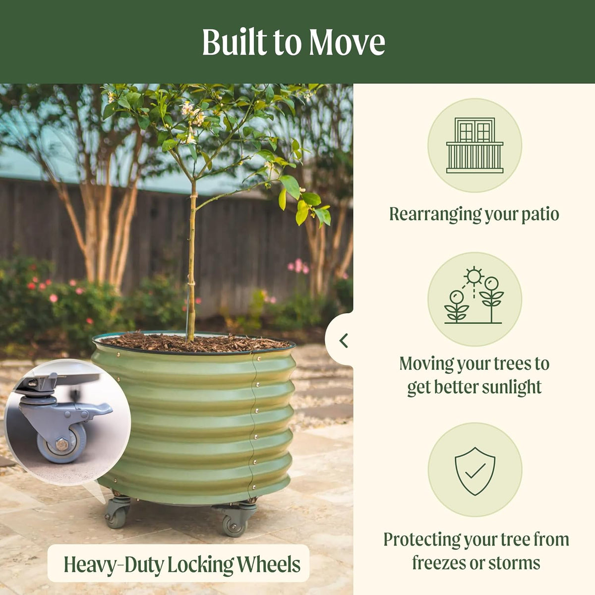 Rolling Metal Citrus Tree Planter, Self-Watering Round Planter Box for Porch Patio & Backyard