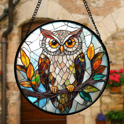 Stained Glass Window Hanging, Owl Colorful Leaves Birds Sun Catchers Diamond Glass Panel Hangings