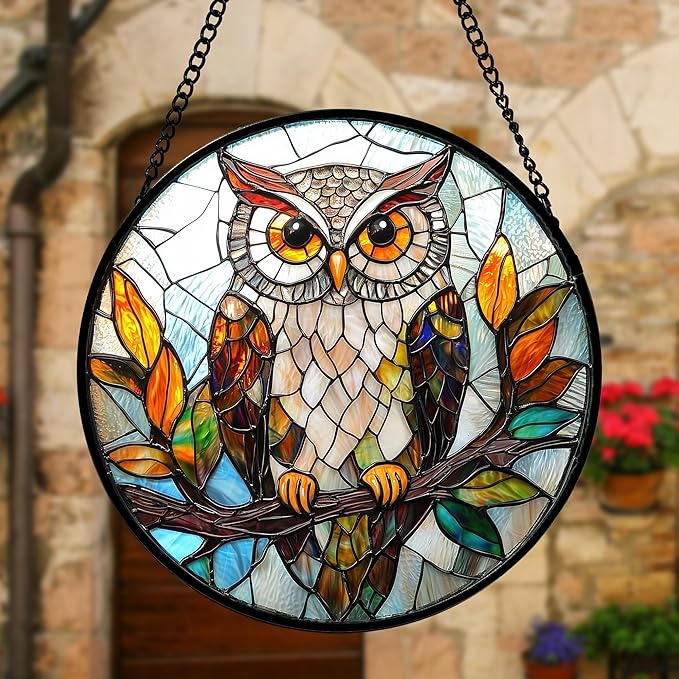 Stained Glass Window Hanging, Owl Colorful Leaves Birds Sun Catchers Diamond Glass Panel Hangings
