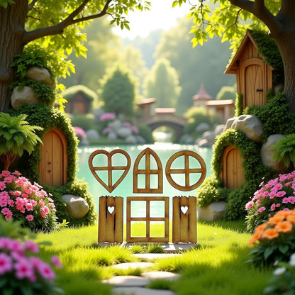 6Pcs Brown Wooden Fairy Garden Door, Blank Door Fairy House Doors and Windows Ornaments Tree