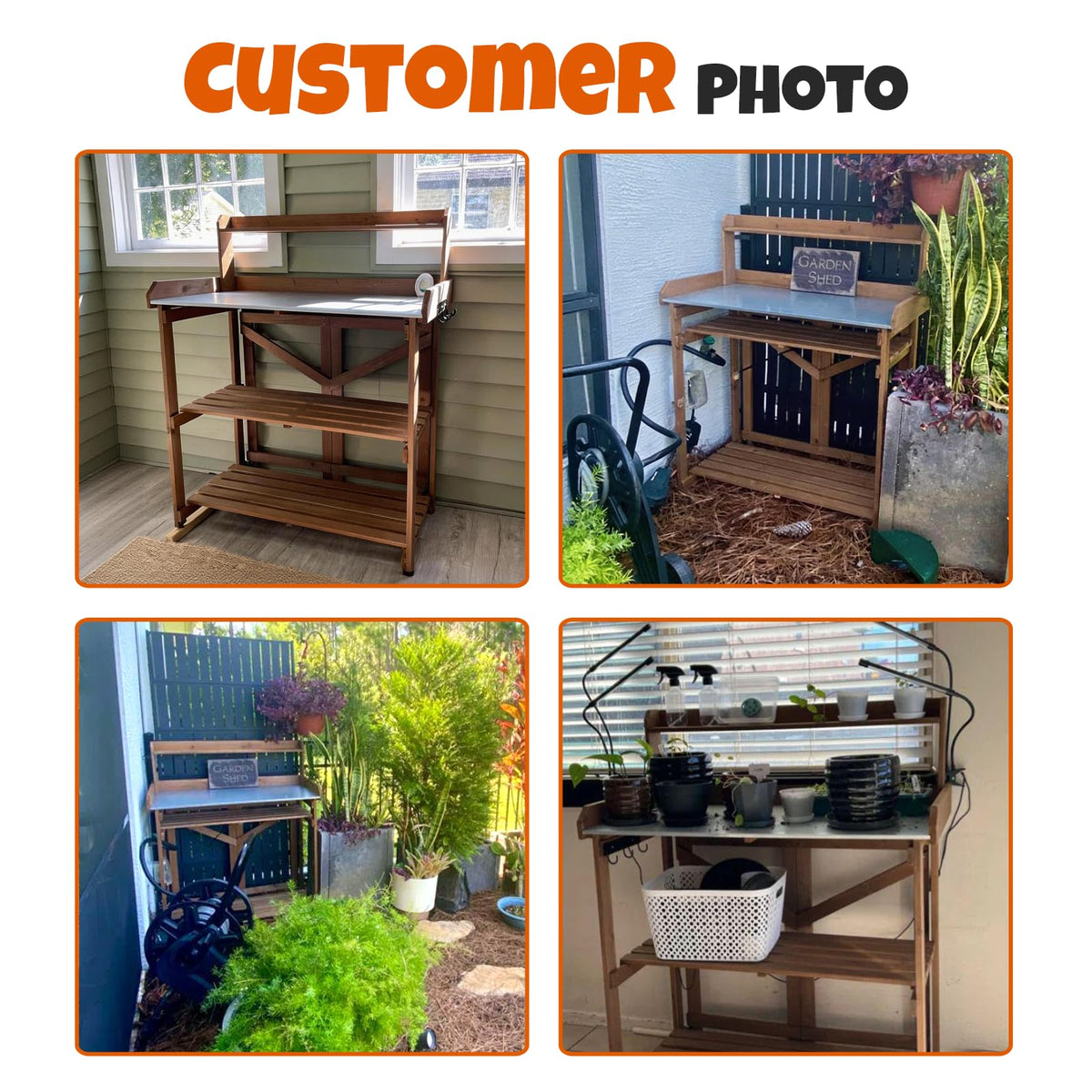 Outdoor Potting Bench Table, Indoor Wooden Work Station with Metal Table Top, Metal Hooks, Large