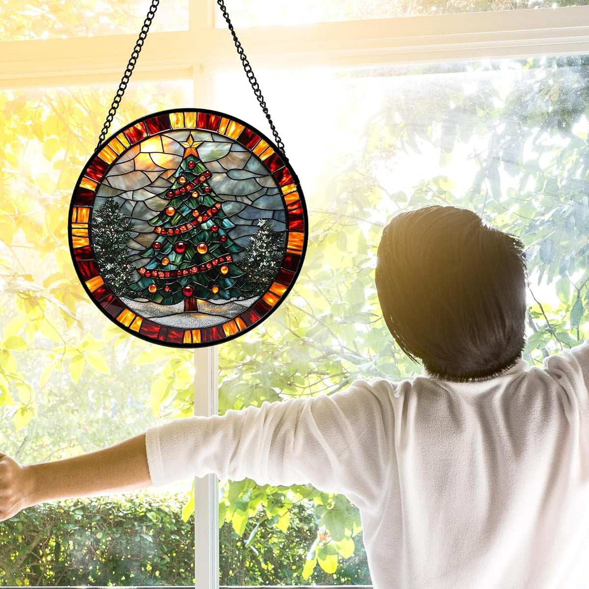 Stained Glass Window Hanging - Winter Christmas Tree Suncatcher Ready to Hang Window Doors Home