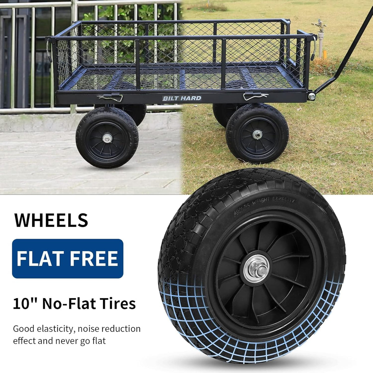 BILT HARD 880 lbs 10" Flat Free Tires Steel Garden Cart with 180° Rotating Handle and Removable