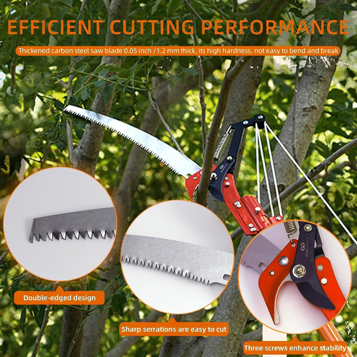 27FT Manual Pole Saw, Tree Branch Trimmer with 8-Section Fiberglass Handle, Sharp Steel Blade and