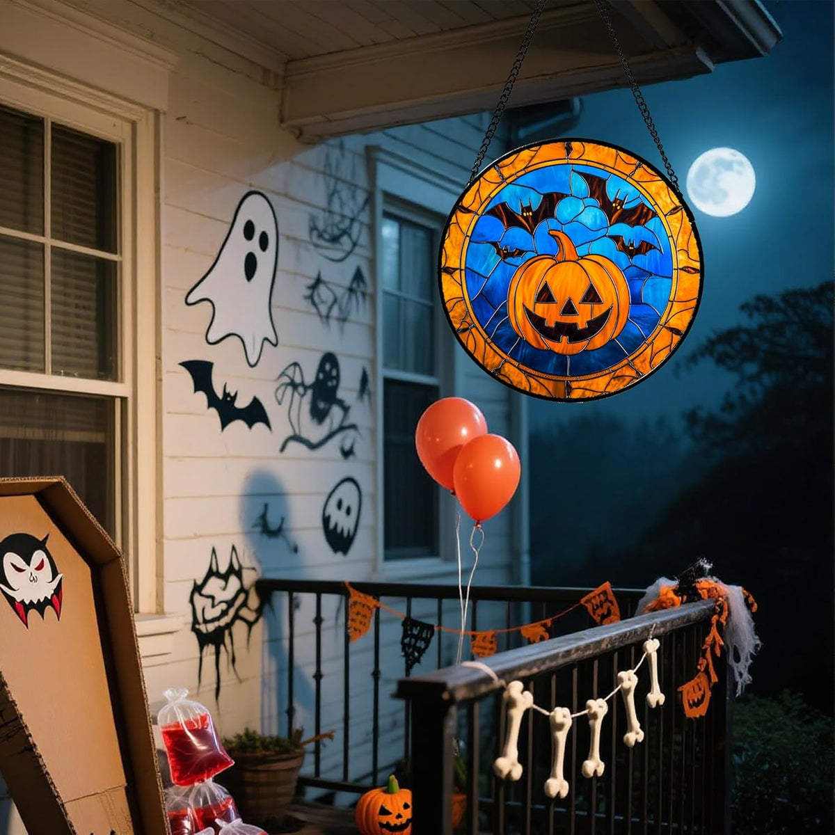 Stained Glass Window Hanging - Halloween Evil Pumpkin Suncatcher for Doors Window Garden Indoor