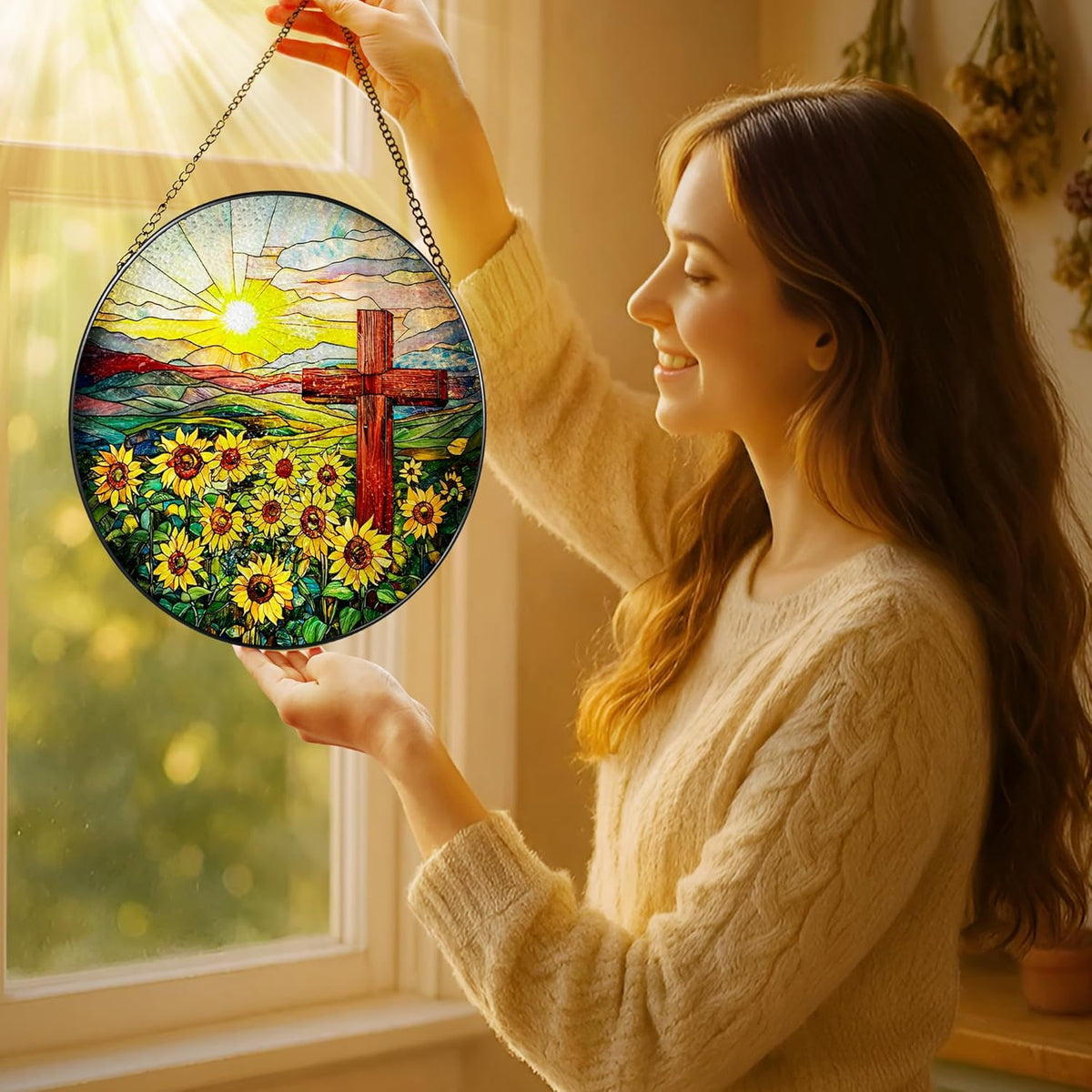 Cross Stained Glass Sun Catcher, Stained Glass Window Hanging, 8 Inch Suncatchers for Windows