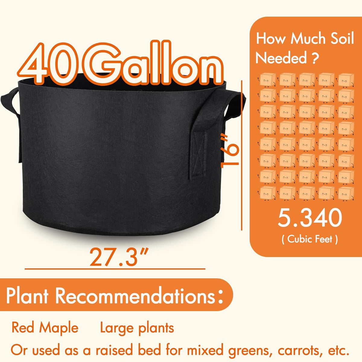 Gardzen 2-Pack 40 Gallon Grow Bags, Aeration Fabric Pots with Handles, Pot for Plants