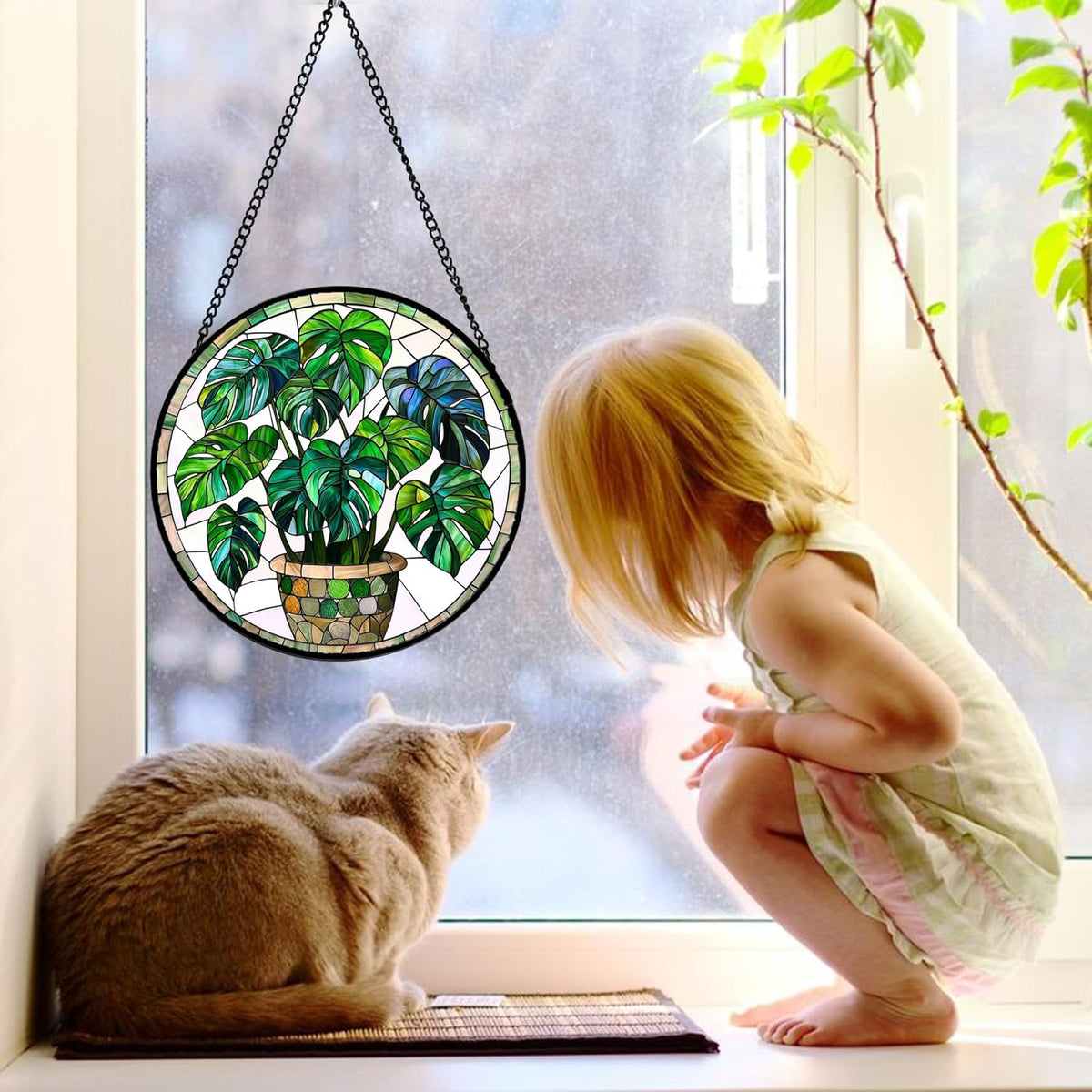 Stained Glass Window Hanging, Green Plant Monstera t Suncatcher Diamond Colorful Glass Panel Sun