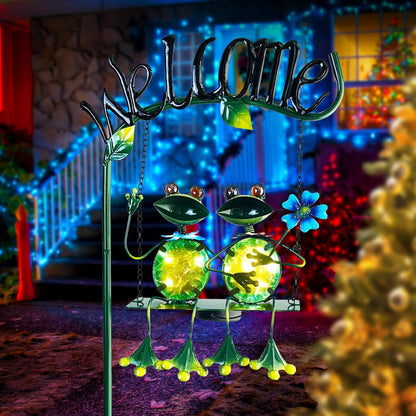 HONGLAND Outdoor Garden Solar Lights,Frog Swing Garden Decor,Frog Decorative Stake with Welcome